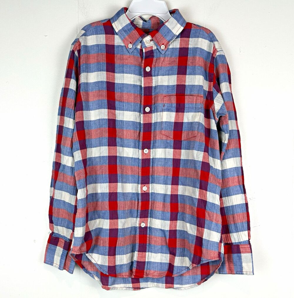 Crewcuts Boys Button Down Shirt Plaid Red Blue White Long Sleeve Size 10 Preppy